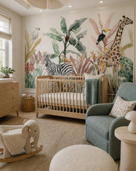 Watercolor safari wallpaper in a modern nursery with a crib.