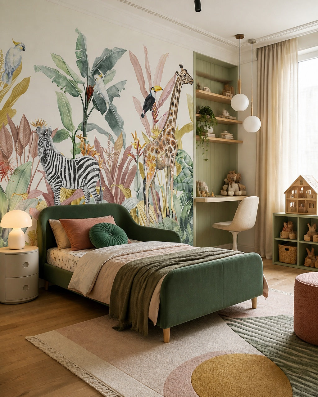 Watercolor safari wallpaper in a toddler bedroom with a child-sized bed.