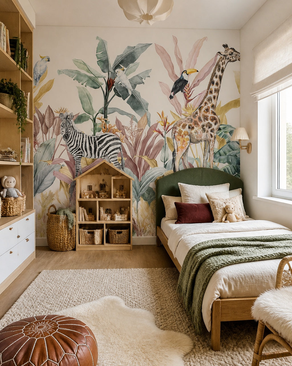 Watercolor safari wallpaper in a girl’s bedroom.