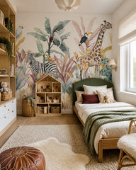 Watercolor safari wallpaper in a girl’s bedroom.