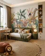 Watercolor safari wallpaper in a boy’s bedroom.