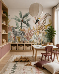 Watercolor safari wallpaper in a children’s playroom.