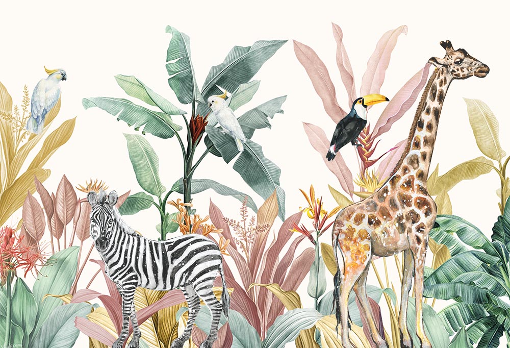 Aquarell-Safari-Tapete – Dschungel-Fototapete mit Giraffe, Zebra und tropischen Vögeln