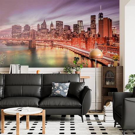 Vibrant Nighttime Cityscape Wall Mural - Illuminated New York Skyline and Brooklyn Bridge