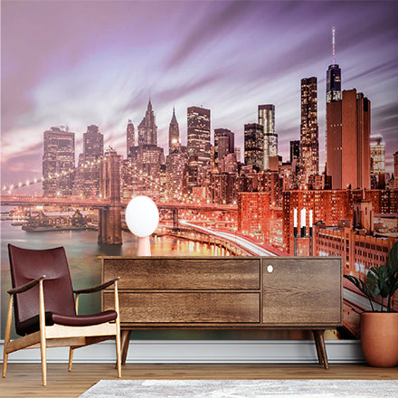 Vibrant Nighttime Cityscape Wall Mural - Illuminated New York Skyline and Brooklyn Bridge