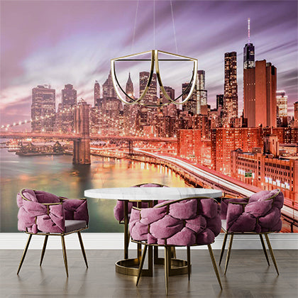 Vibrant Nighttime Cityscape Wall Mural - Illuminated New York Skyline and Brooklyn Bridge