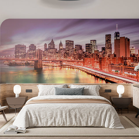 Custom Vibrant Nighttime Cityscape Wall Mural - Illuminated New York Skyline and Brooklyn Bridge