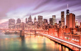 Vibrant Nighttime Cityscape Wall Mural - Illuminated New York Skyline and Brooklyn Bridge