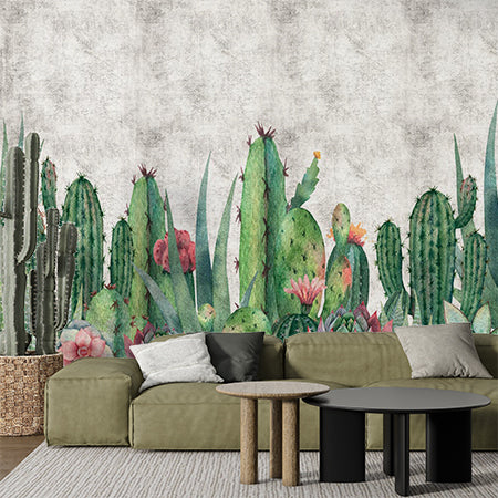 Vibrant Cactus and Succulent Wall Mural Wallpaper with Rustic Background