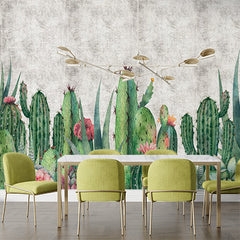 Custom Vibrant Cactus and Succulent Wall Mural Wallpaper with Rustic Background