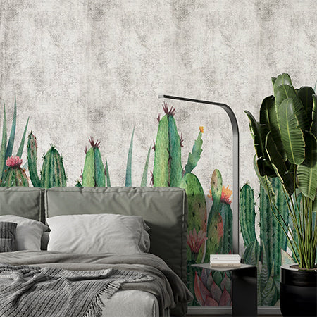 Vibrant Cactus and Succulent Wall Mural Wallpaper with Rustic Background