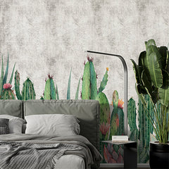 Custom Vibrant Cactus and Succulent Wall Mural Wallpaper with Rustic Background