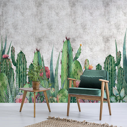 Vibrant Cactus and Succulent Wall Mural Wallpaper with Rustic Background