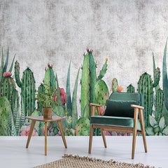 Custom Vibrant Cactus and Succulent Wall Mural Wallpaper with Rustic Background