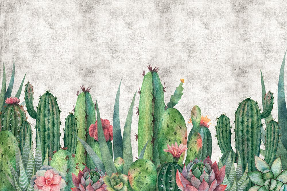 Vibrant Cactus and Succulent Wall Mural Wallpaper with Rustic Background