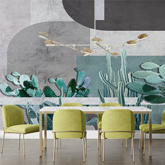 Custom Contemporary Geometric Cactus Wall Mural Wallpaper with Concrete Texture