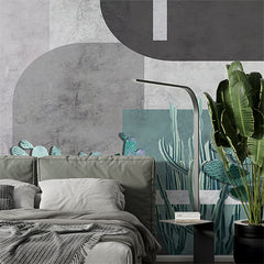 Custom Contemporary Geometric Cactus Wall Mural Wallpaper with Concrete Texture