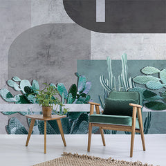 Custom Contemporary Geometric Cactus Wall Mural Wallpaper with Concrete Texture