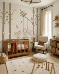 Forest animals in trees wallpaper in a modern nursery with a crib.