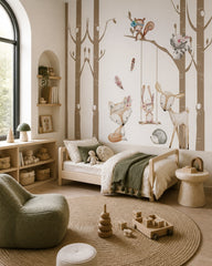 Forest animals in trees wallpaper in a toddler bedroom with a child-sized bed.