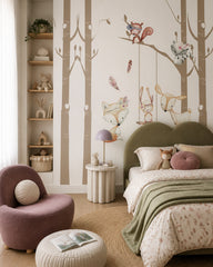 Forest animals in trees wallpaper in a girl’s bedroom.