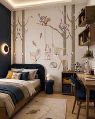 Forest animals in trees wallpaper in a boy’s bedroom.