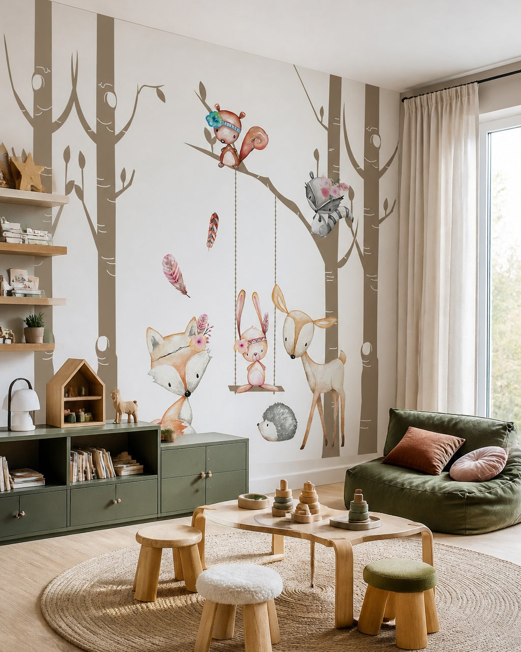 Forest animals in trees wallpaper in a children’s playroom.