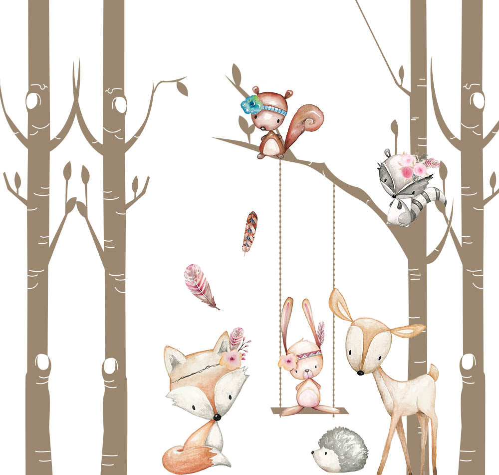 Kids Wall Mural Cartoon Forest Animals in Trees Minimal Design Nursery Wallpaper