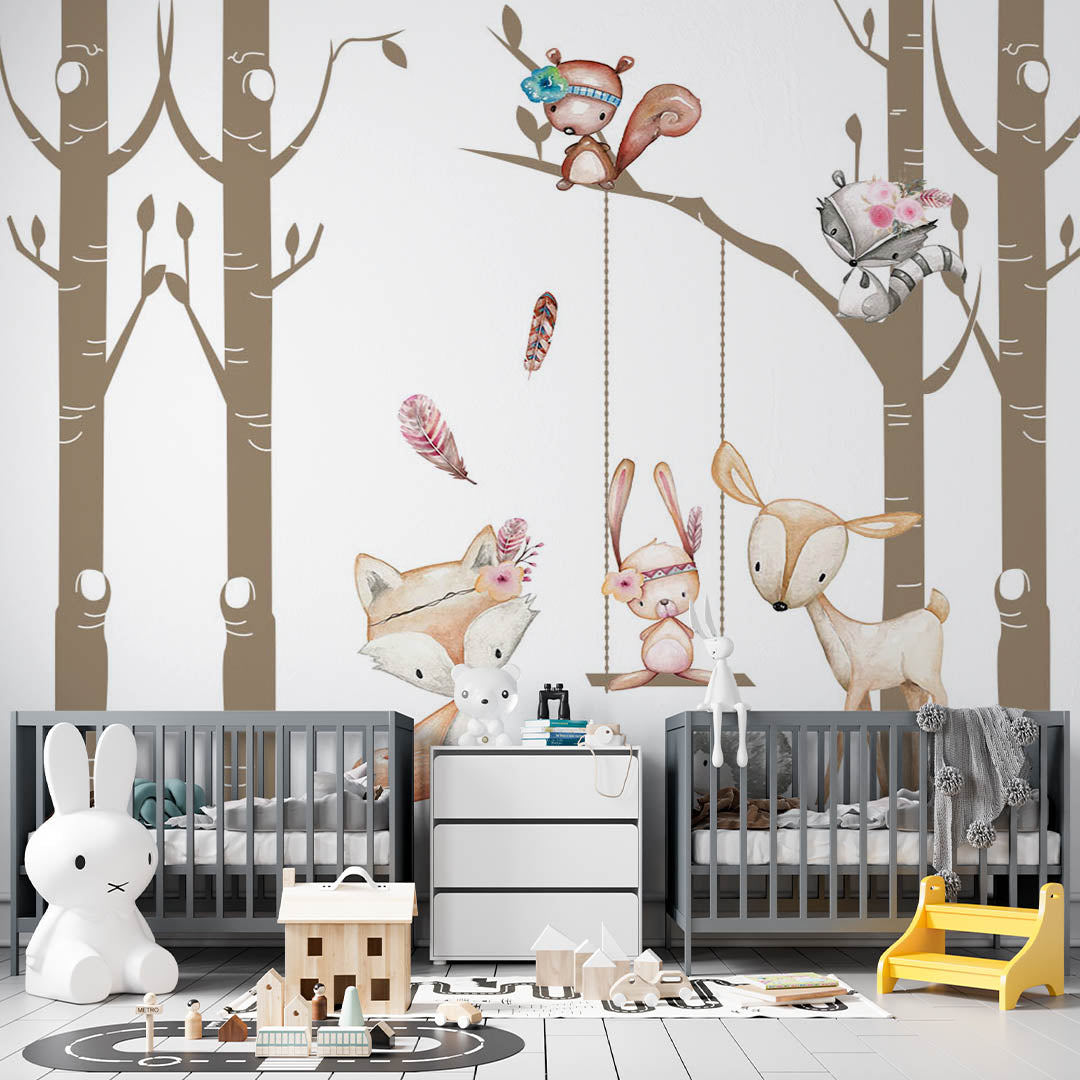 Kids Wall Mural Cartoon Forest Animals in Trees Minimal Design Nursery Wallpaper