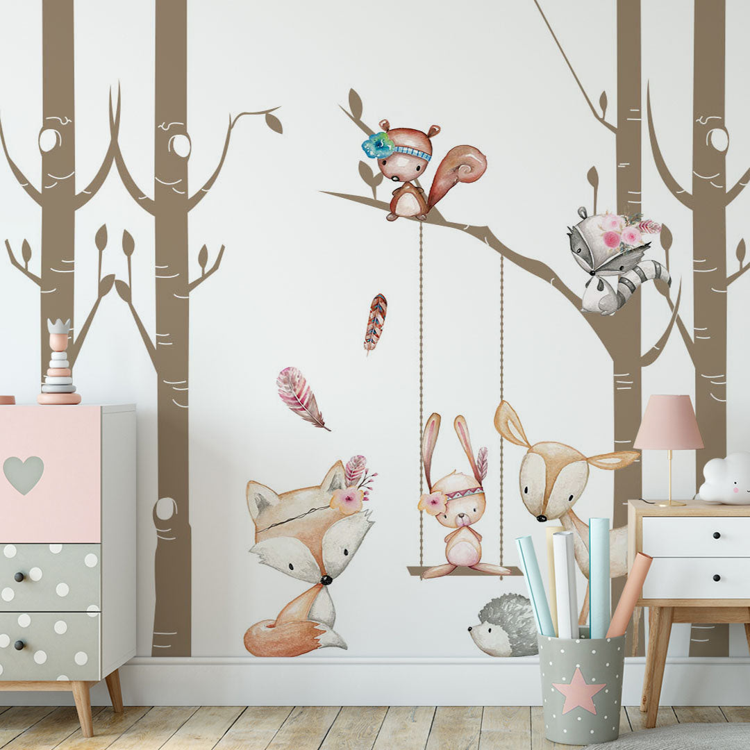 Kids Wall Mural Cartoon Forest Animals in Trees Minimal Design Nursery Wallpaper