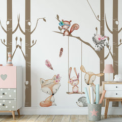 Custom Kids Wall Mural Cartoon Forest Animals in Trees Minimal Design Nursery Wallpaper