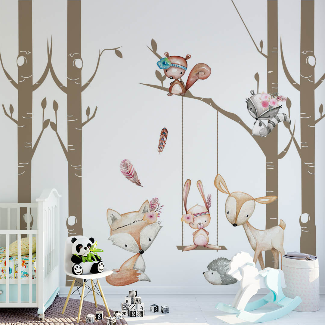 Kids Wall Mural Cartoon Forest Animals in Trees Minimal Design Nursery Wallpaper