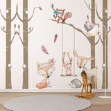 Kids Wall Mural Cartoon Forest Animals in Trees Minimal Design Nursery Wallpaper