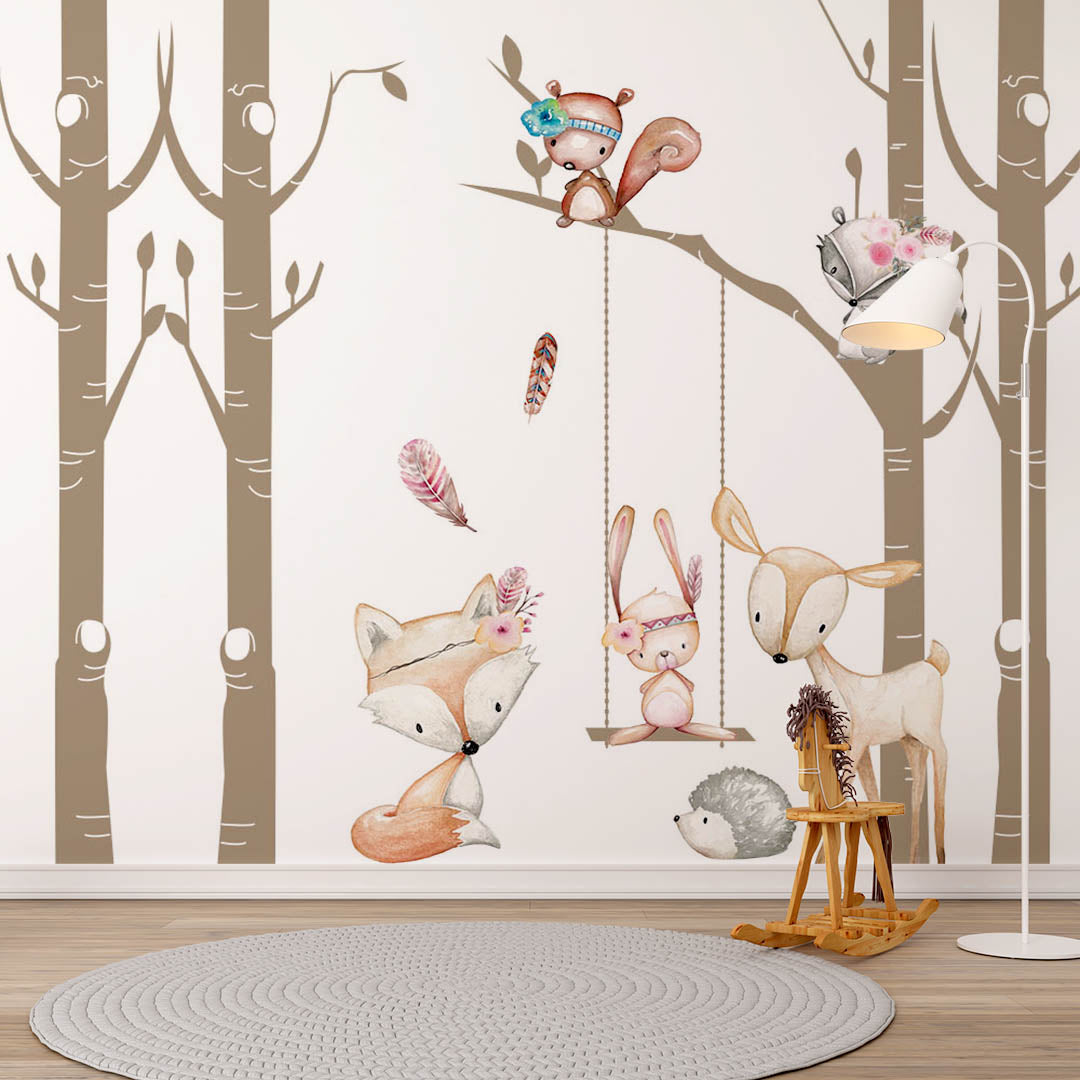 Custom Kids Wall Mural Cartoon Forest Animals in Trees Minimal Design Nursery Wallpaper