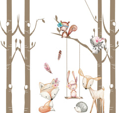 Custom Kids Wall Mural Cartoon Forest Animals in Trees Minimal Design Nursery Wallpaper