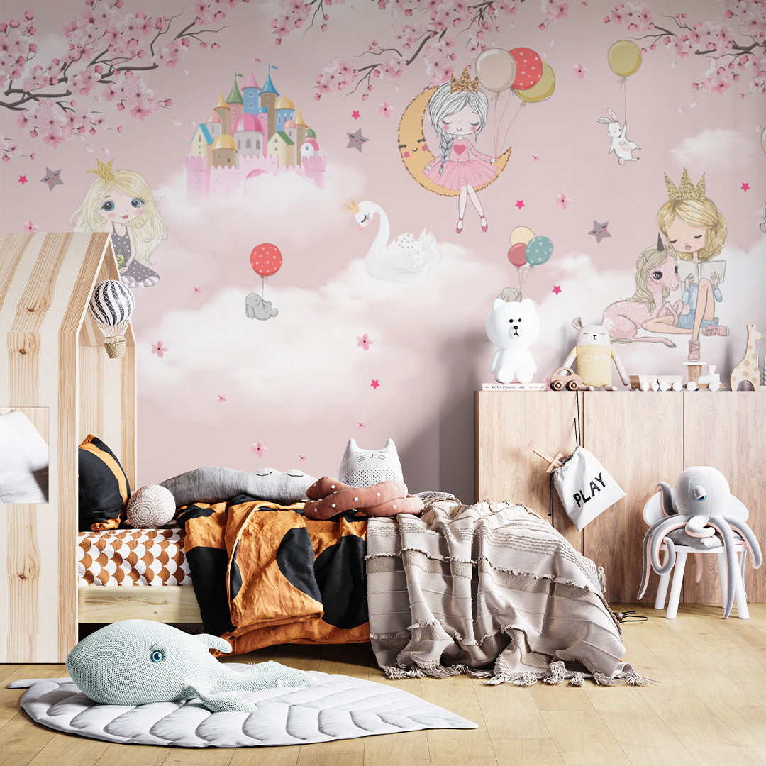 Pink Kids Wall Mural Cute Princess Castle Sakura Blossom Hot Air Balloon Wallpaper for Girl