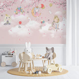 Pink Kids Wall Mural Cute Princess Castle Sakura Blossom Hot Air Balloon Wallpaper for Girl