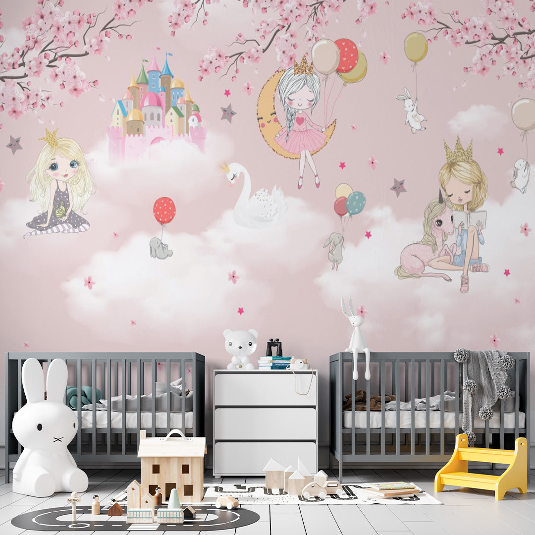 Pink Kids Wall Mural Cute Princess Castle Sakura Blossom Hot Air Balloon Wallpaper for Girl