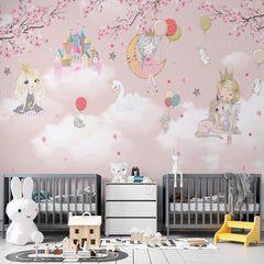 Niestandardowa różowa fototapeta dla dzieci śliczny zamek księżniczki Sakura Blossom balon na ogrzane powietrze tapeta dla dziewczynki