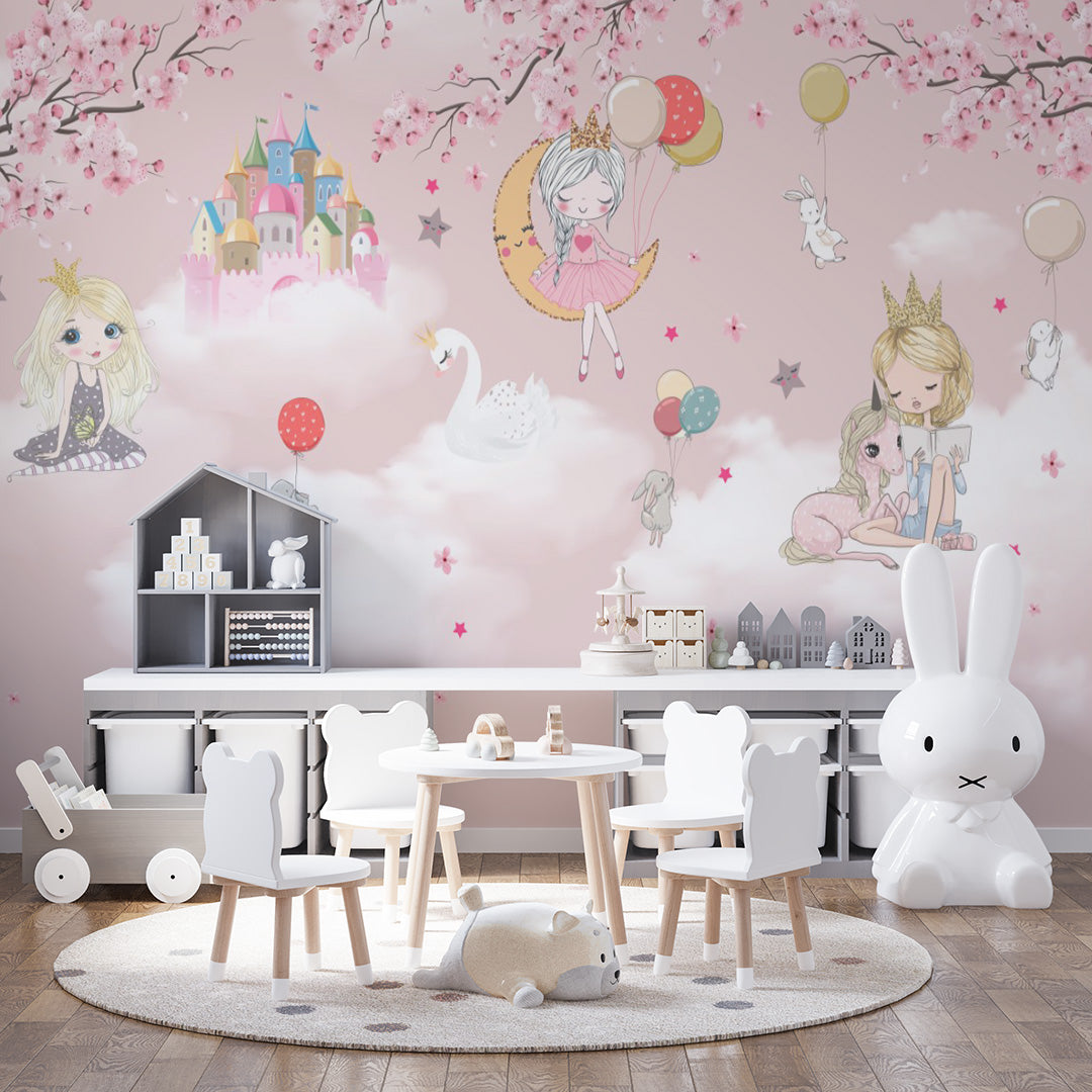 Pink Kids Wall Mural Cute Princess Castle Sakura Blossom Hot Air Balloon Wallpaper for Girl