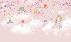 Niestandardowa różowa fototapeta dla dzieci śliczny zamek księżniczki Sakura Blossom balon na ogrzane powietrze tapeta dla dziewczynki