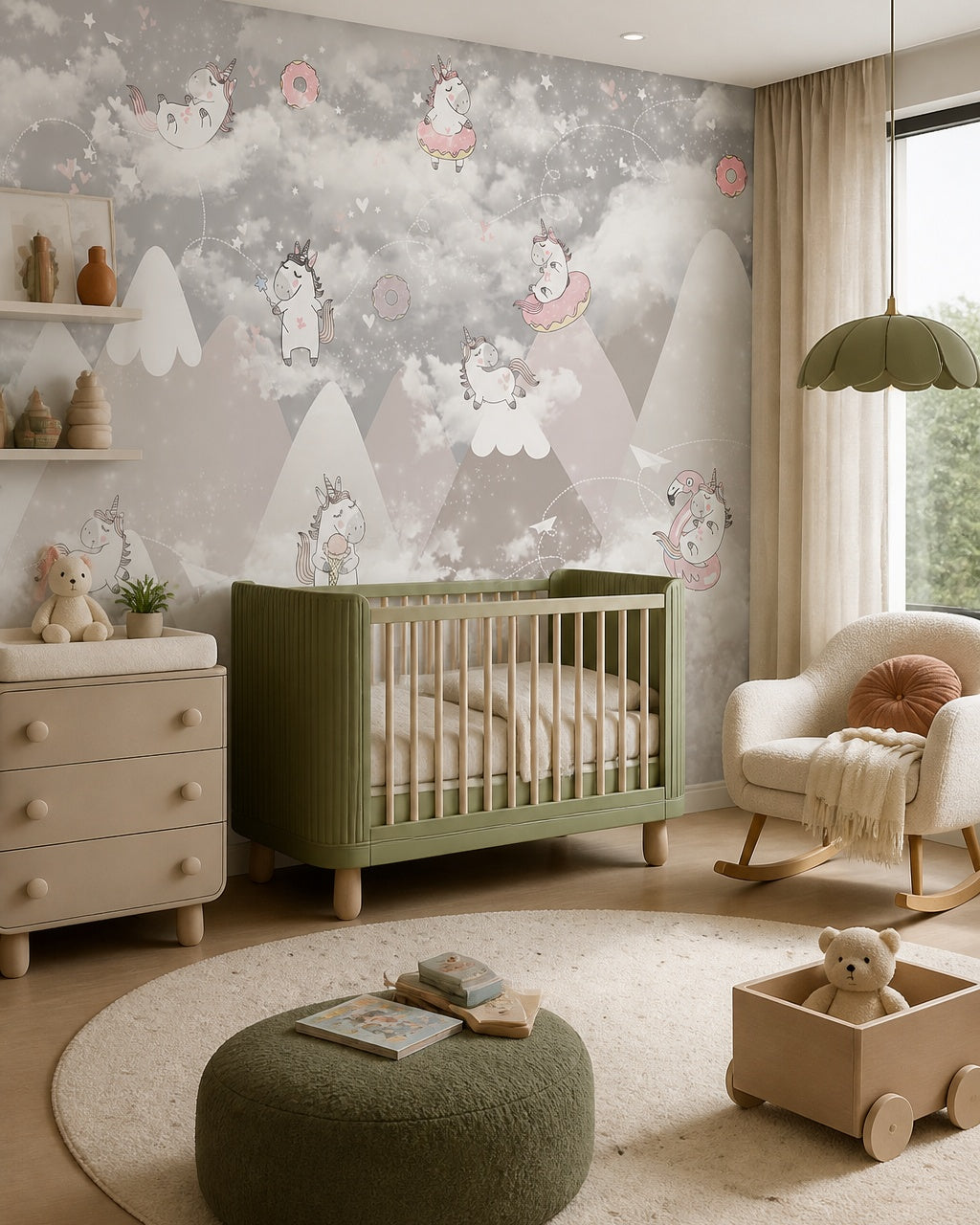 Playful unicorns above the mountains nursery wallpaper in a modern nursery with a crib.