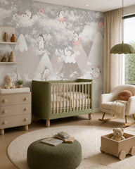 Playful unicorns above the mountains nursery wallpaper in a modern nursery with a crib.