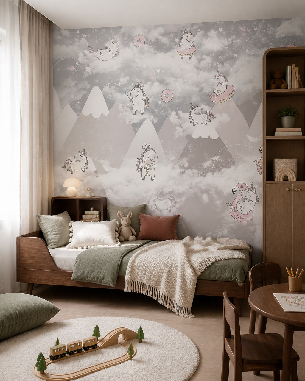 Playful unicorns above the mountains nursery wallpaper in a toddler bedroom with a child-sized bed.