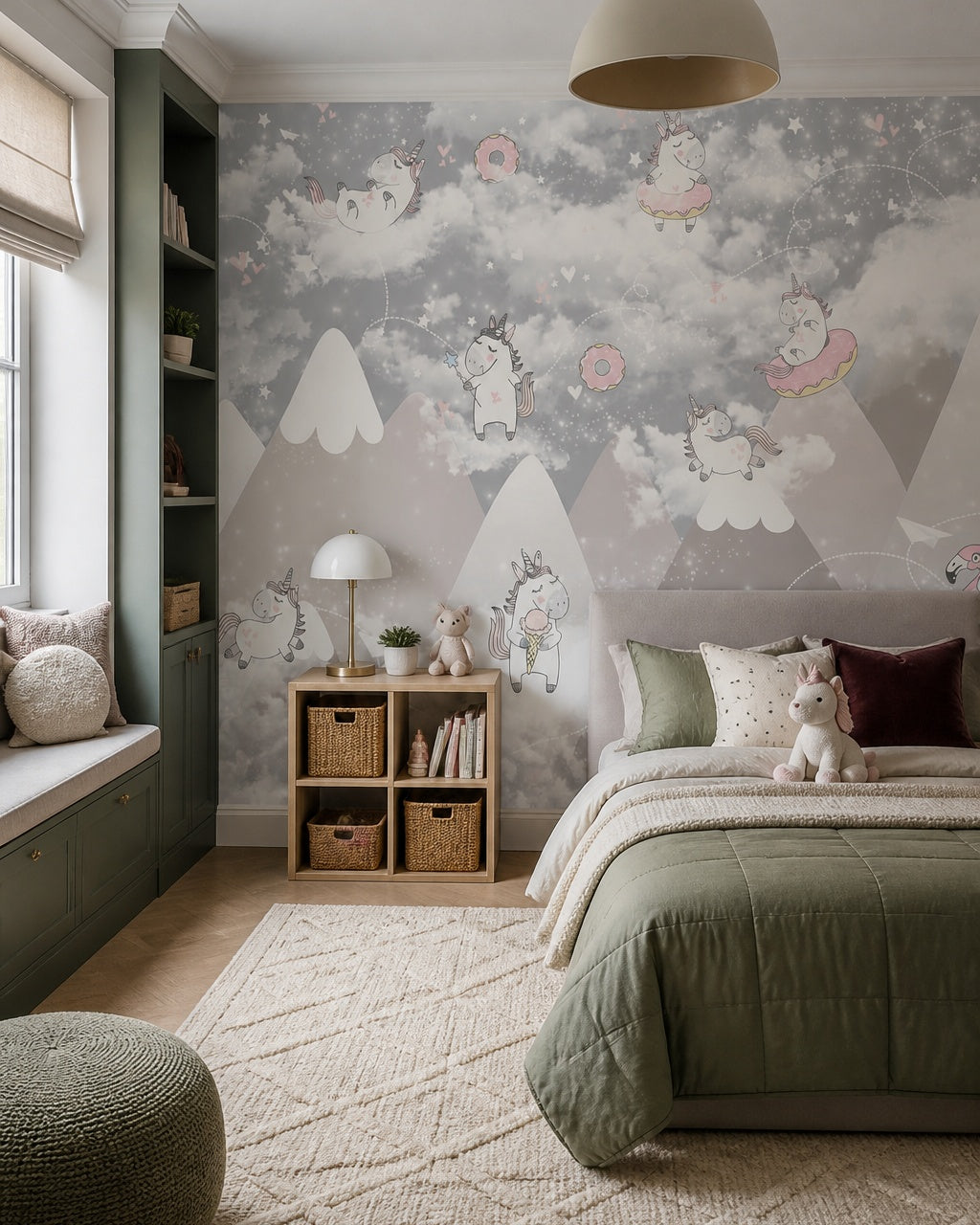 Playful unicorns above the mountains nursery wallpaper in a girl’s bedroom.