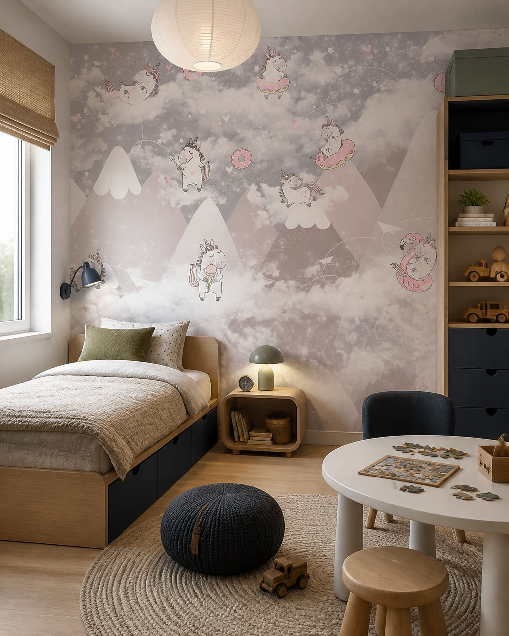 Playful unicorns above the mountains nursery wallpaper in a boy’s bedroom.