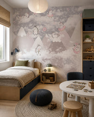 Playful unicorns above the mountains nursery wallpaper in a boy’s bedroom.