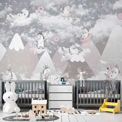 Custom Kids Wall Murals Cute Unicorn Donuts Cloudy Mountains Wallpaper for Kids