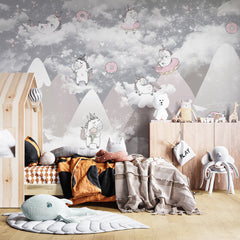 Custom Kids Wall Murals Cute Unicorn Donuts Cloudy Mountains Wallpaper for Kids