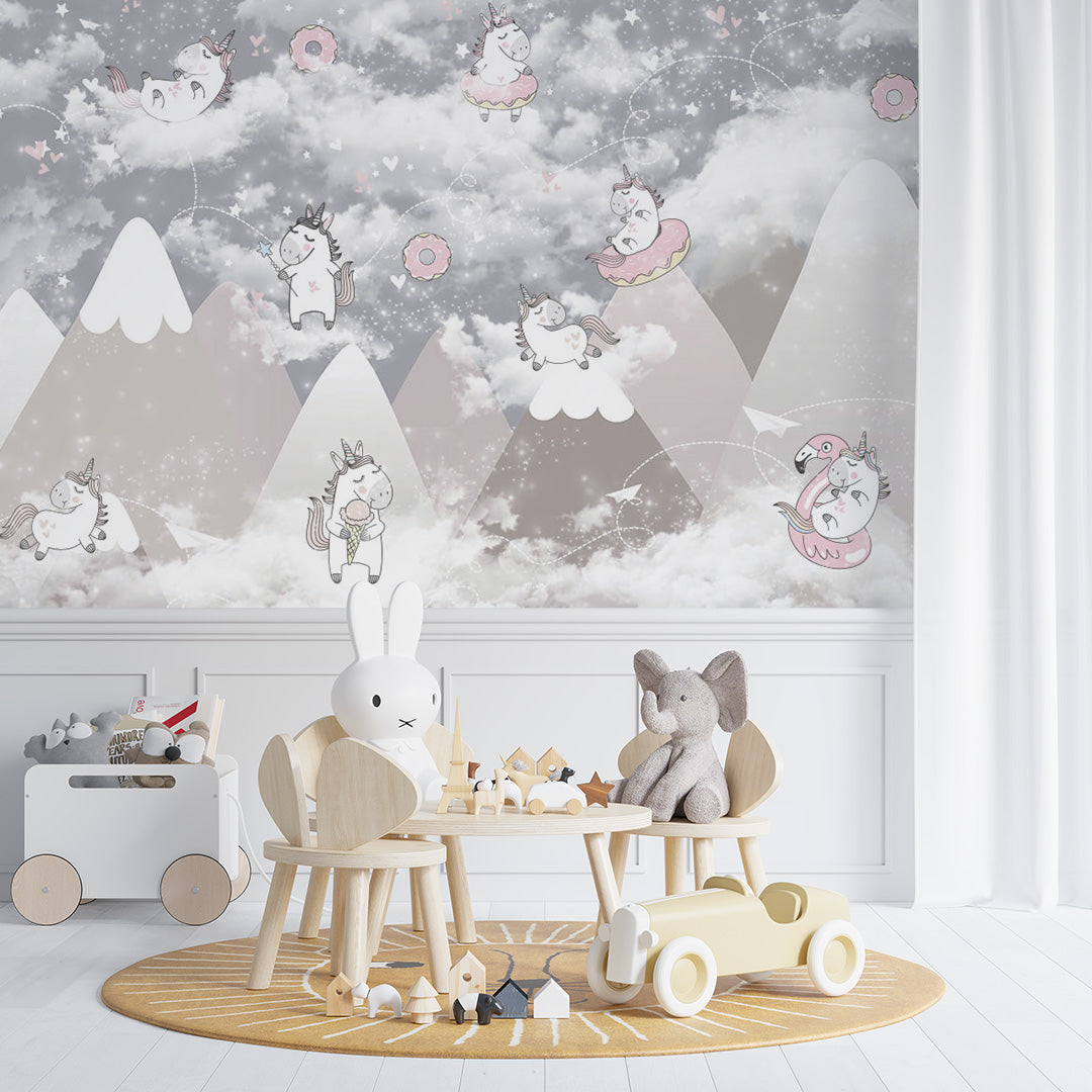 Custom Kids Wall Murals Cute Unicorn Donuts Cloudy Mountains Wallpaper for Kids